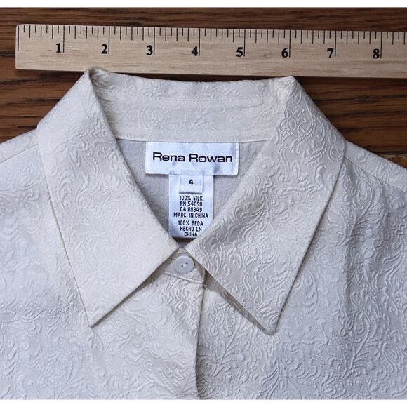 Rena Rowan Vintage 100% Silk Cream Embossed Button Up Top Women's 4 - Picture 6 of 9